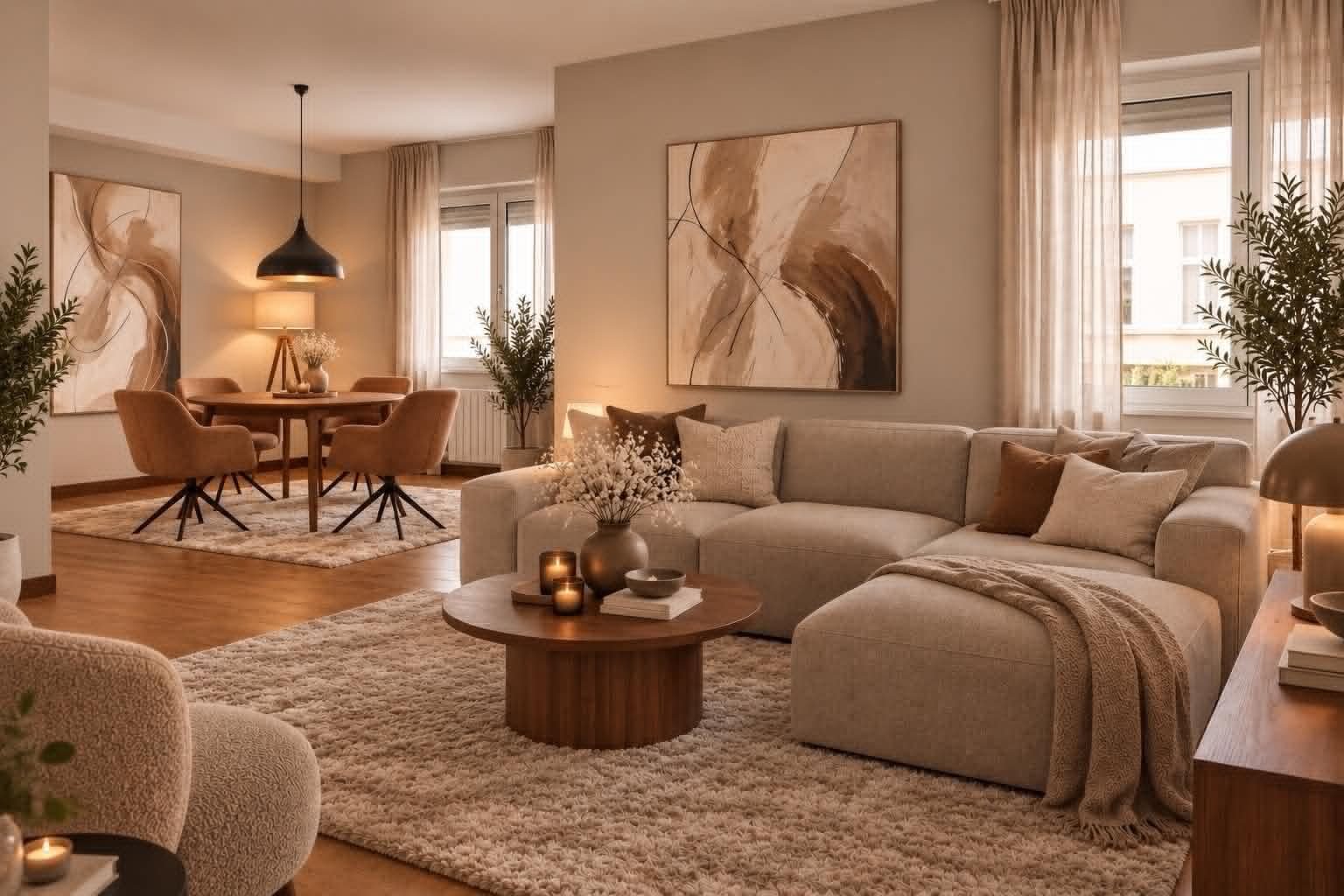 Stue i varme naturtoner med beige sofa og spiseplass